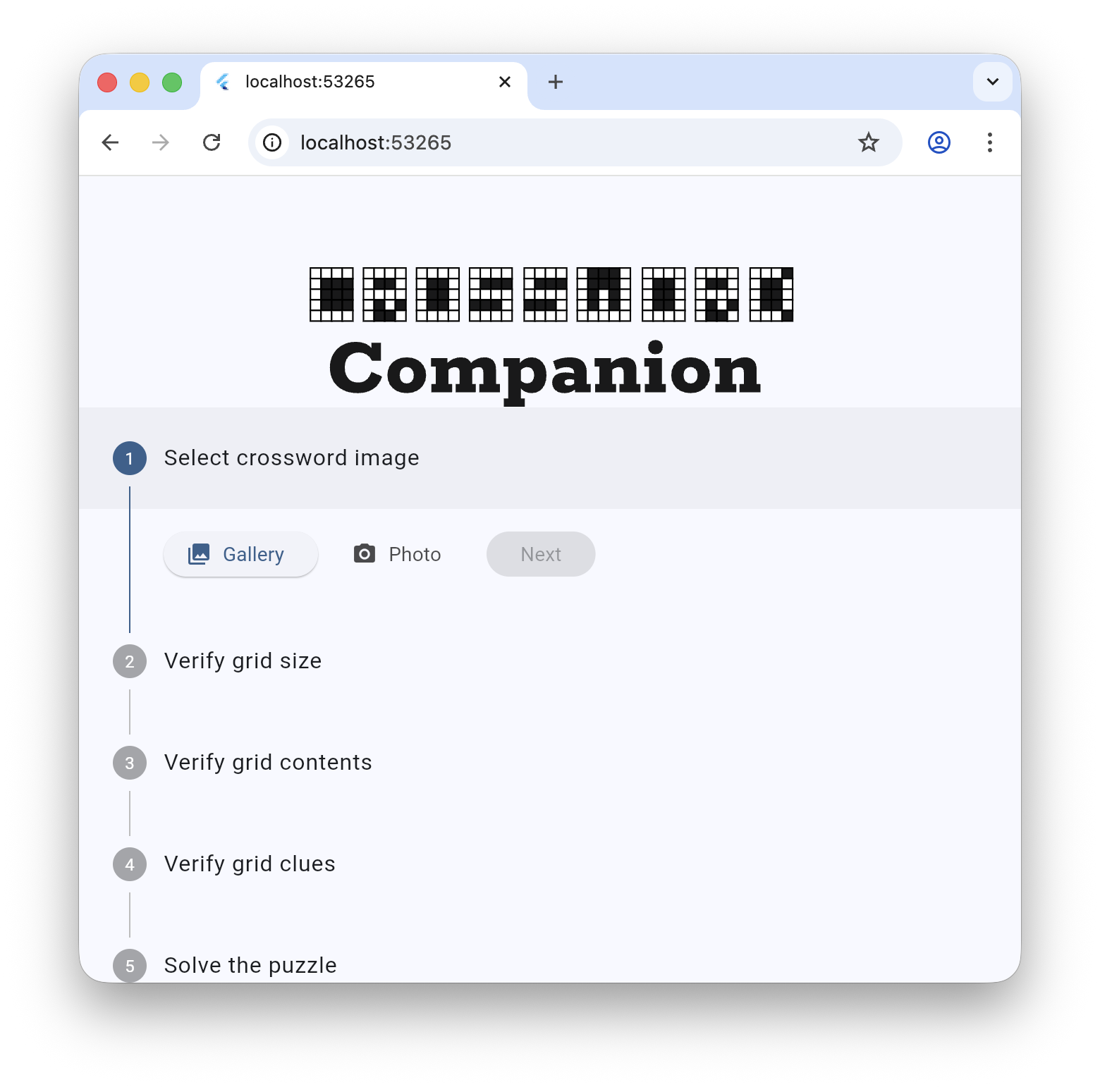 Crossword Companion app interface showing a 5-step setup process starting
with selecting a crossword image.
