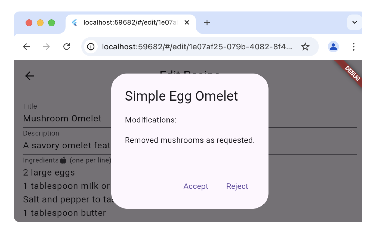 User decides whether to update recipe in
database