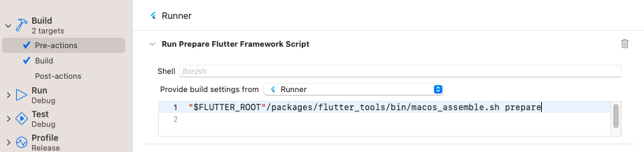 Add **Run Prepare Flutter Framework Script** build pre-action