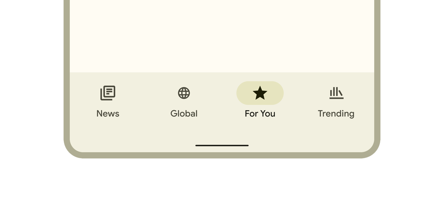 Rendered example of the NavigationBar Material widget.